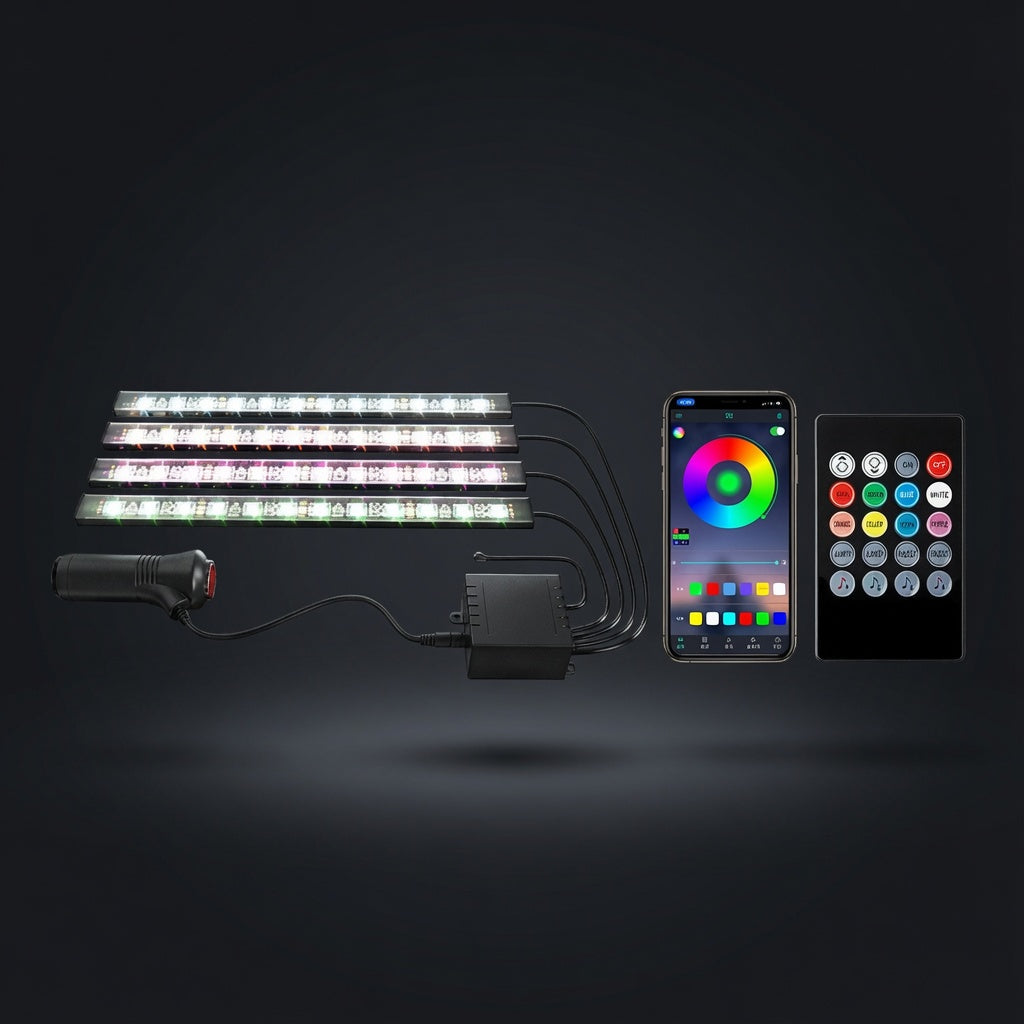 RGB ambient LED strip lighting installed in a car footwell