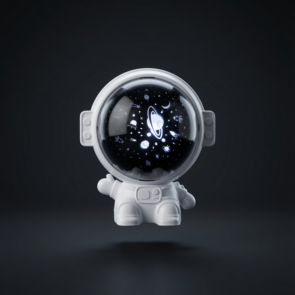 Astronaut galaxy projector casting stars across a car interior