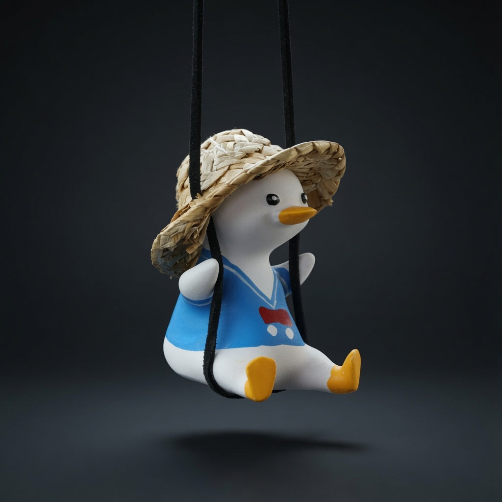 SwingDuck rearview mirror charm hanging in a car