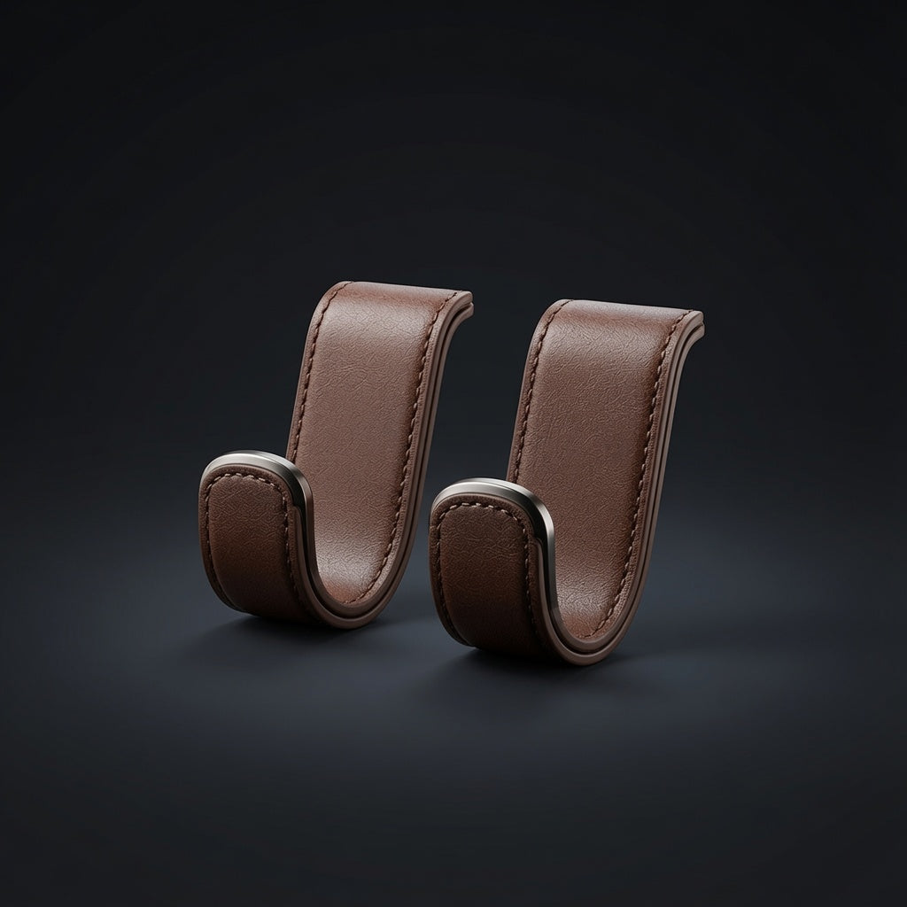 Car seat back hooks for bags and purses, leather wrapped pair