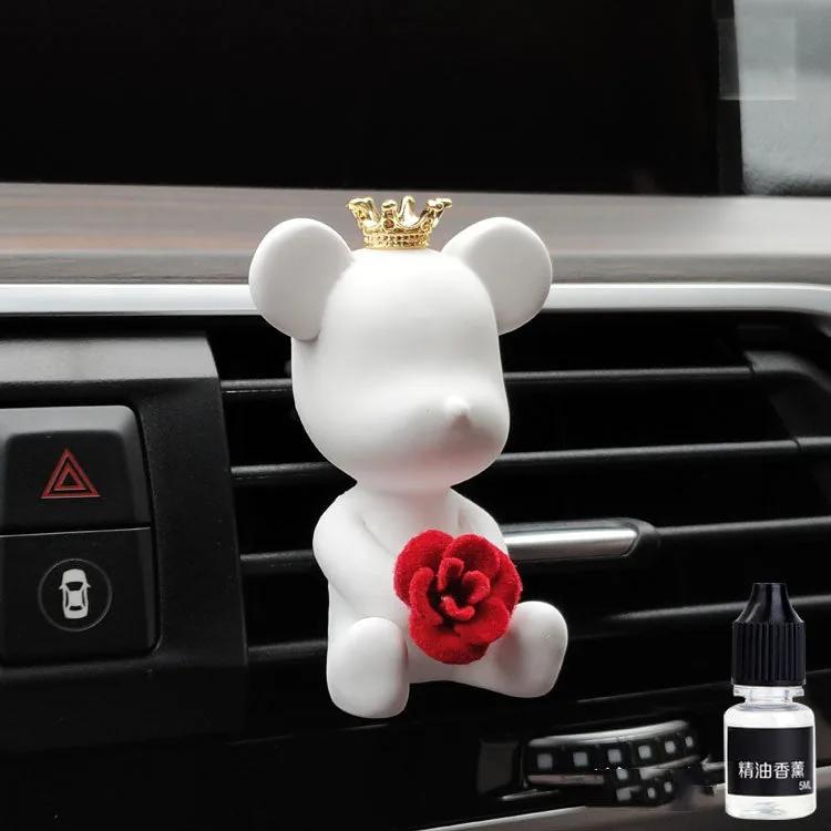 VentBear air outlet fragrance clip — white bear with a rose