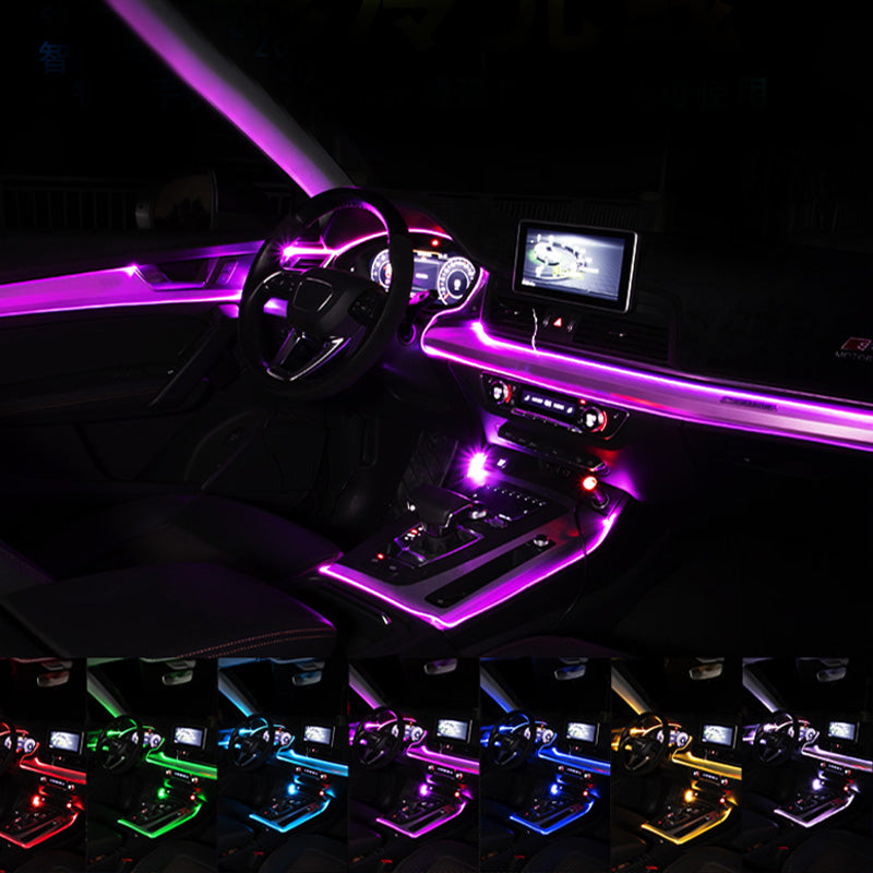 Starfall fiber optic light installed across a car dashboard and door trim at night