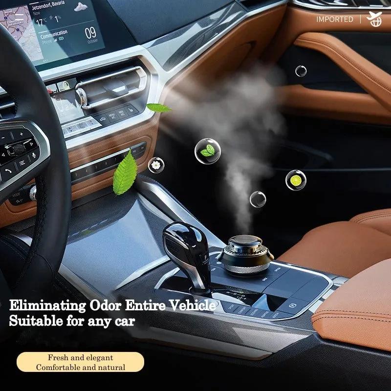Solar rotating car air freshener on the centre console of a car interior