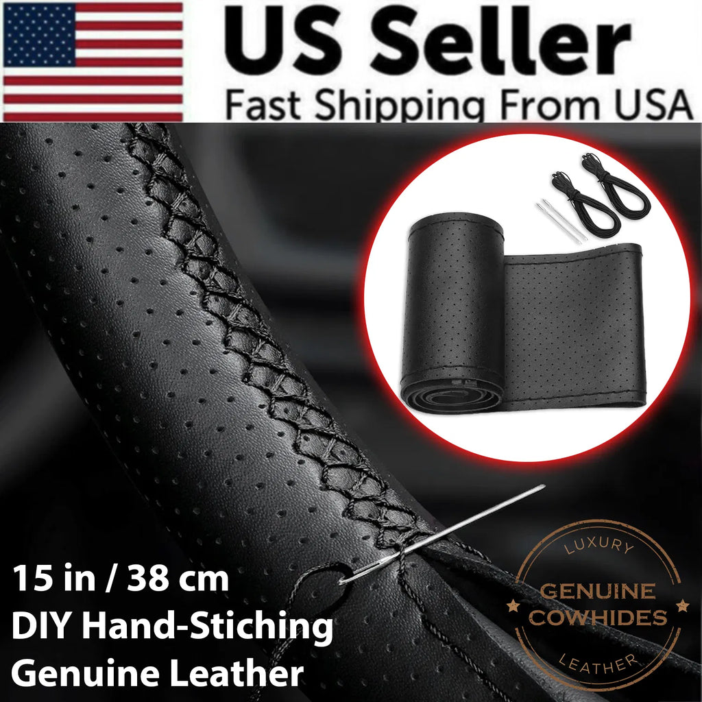 StitchGrip genuine leather hand-stitched steering wheel cover in black