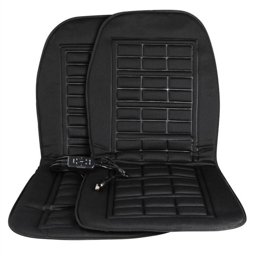 Two black 12 V heated car seat cushions with controller