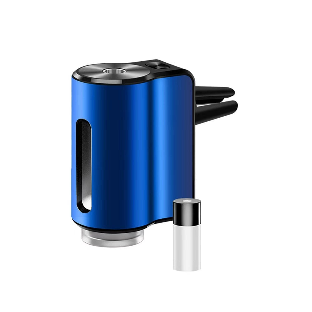 AromaDrive smart car diffuser in sapphire blue, with one essential oil bottle