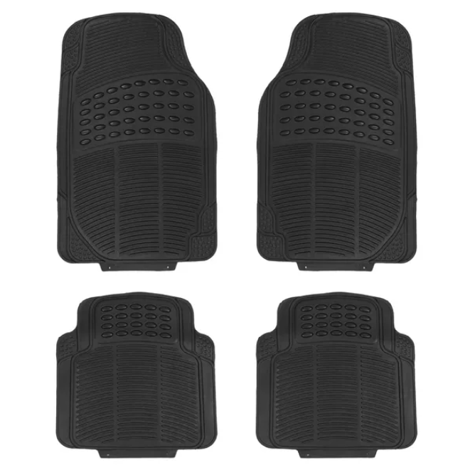 Rubber floor mat showing raised edge channels and tread pattern