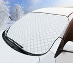 Windscreen snow cover on a car in snow