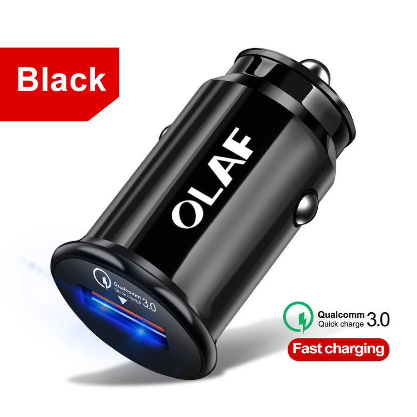 Black dual-port QC3.0 fast car charger with a glowing blue USB port