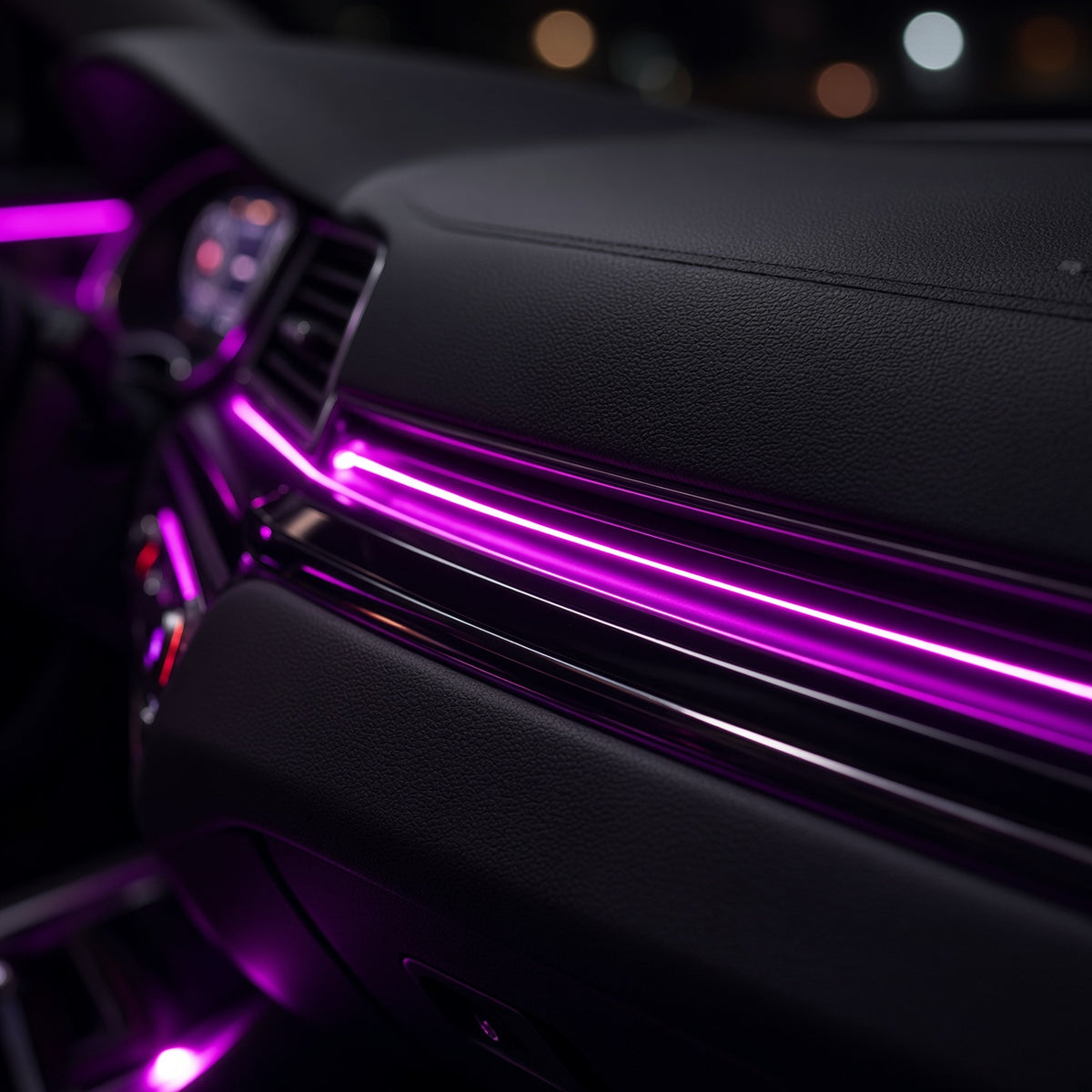 Close-up of the fiber-optic line sitting in the dashboard panel gap