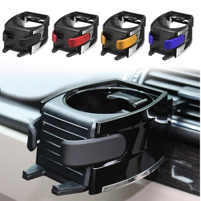 Air vent drink holder in black, red, orange and blue, and fitted to a vent