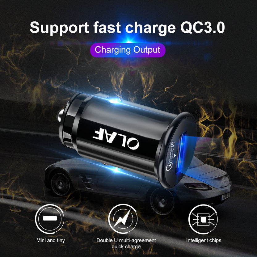 Light-up car charger with fast-charge feature icons, supplier graphic
