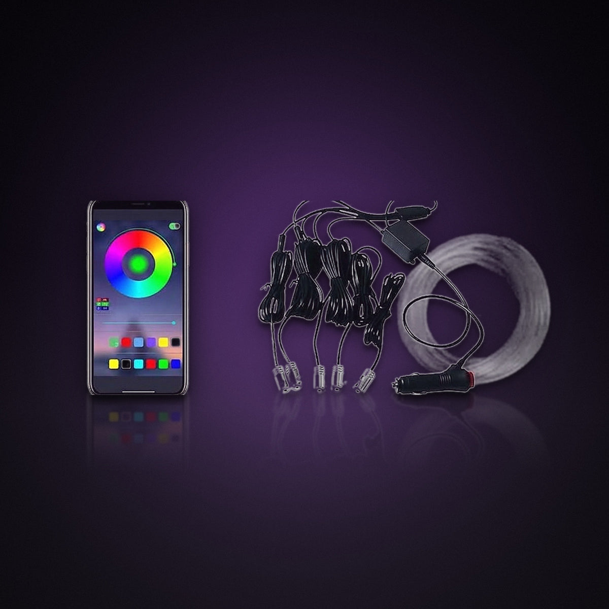 Fiber optic ambient lighting kit contents: 4 m fiber cable, light modules, 12V plug and the phone app colour picker