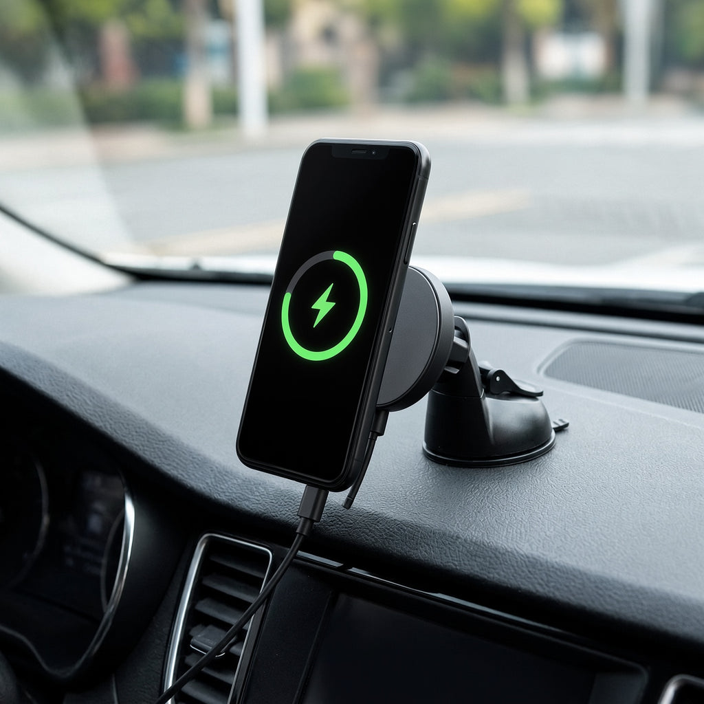 25W MagSafe wireless charger on the air vent holding a phone