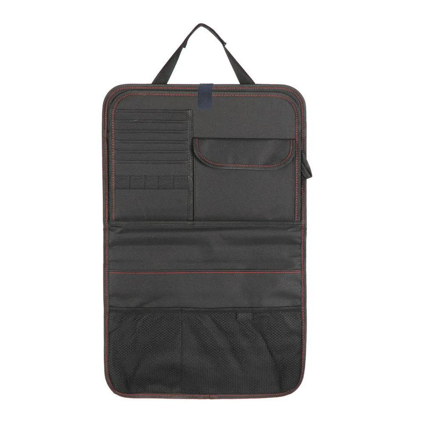 Seat back organizer with its fold-out table down