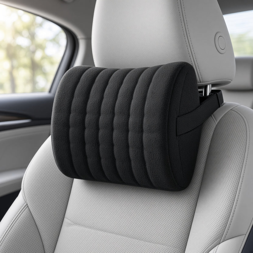 Memory-foam neck cushion fitted on a car headrest