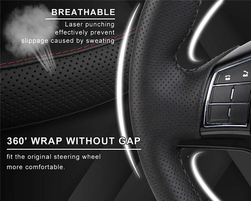 Steering wheel cover kit contents including needle and waxed thread