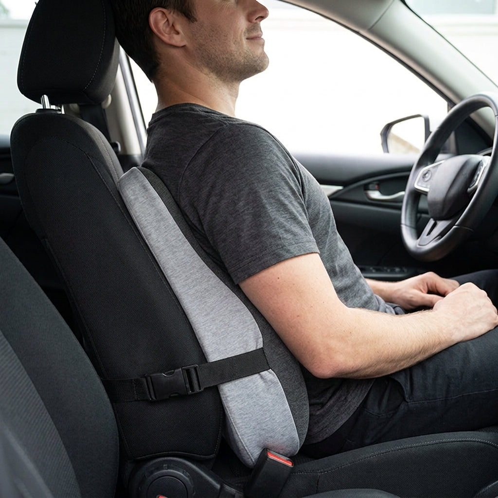Memory foam car lumbar support cushion strapped to a car seat back