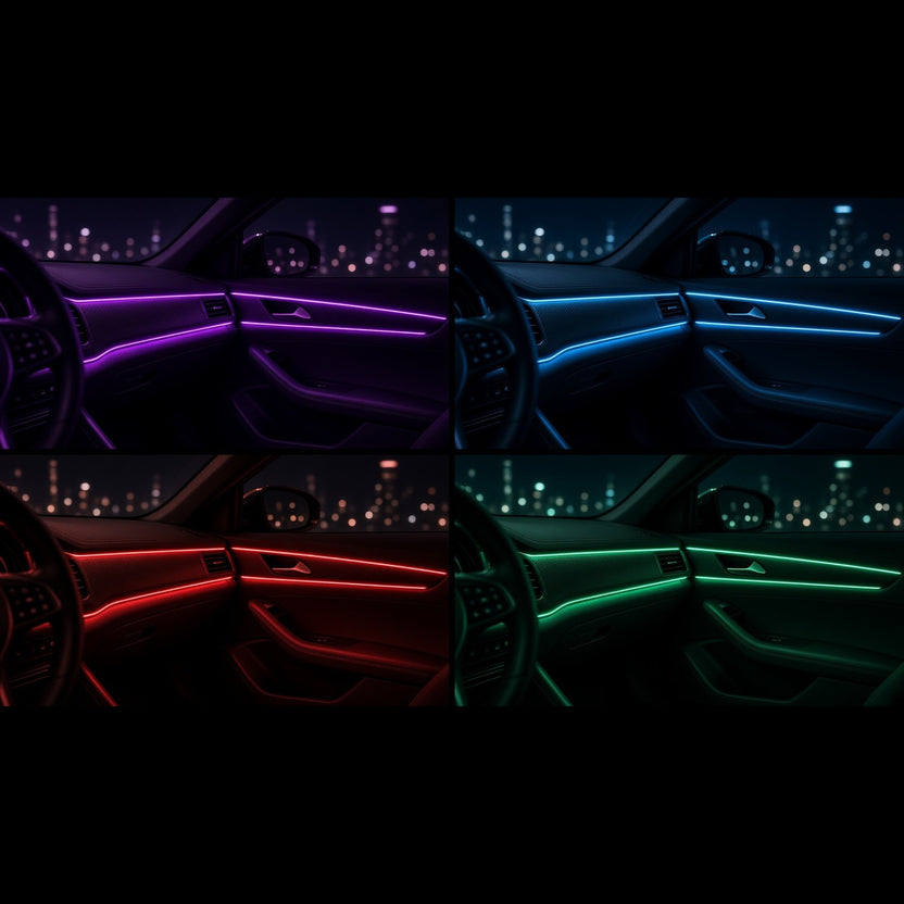 Fiber optic ambient light shown in four colours, purple, blue, red and green, on the same car dashboard and door