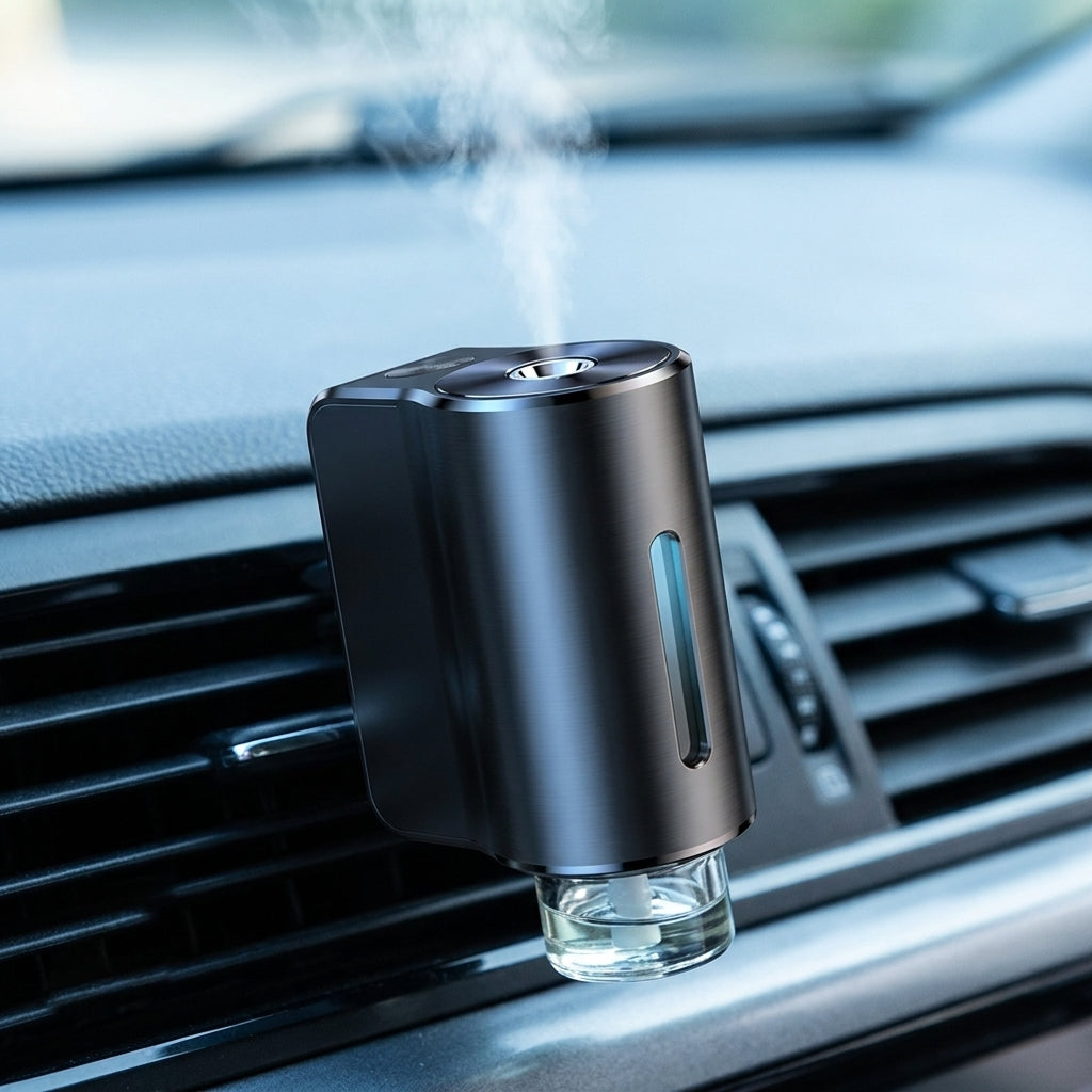 Smart car essential oil diffuser with auto start/stop, clipped to an air vent