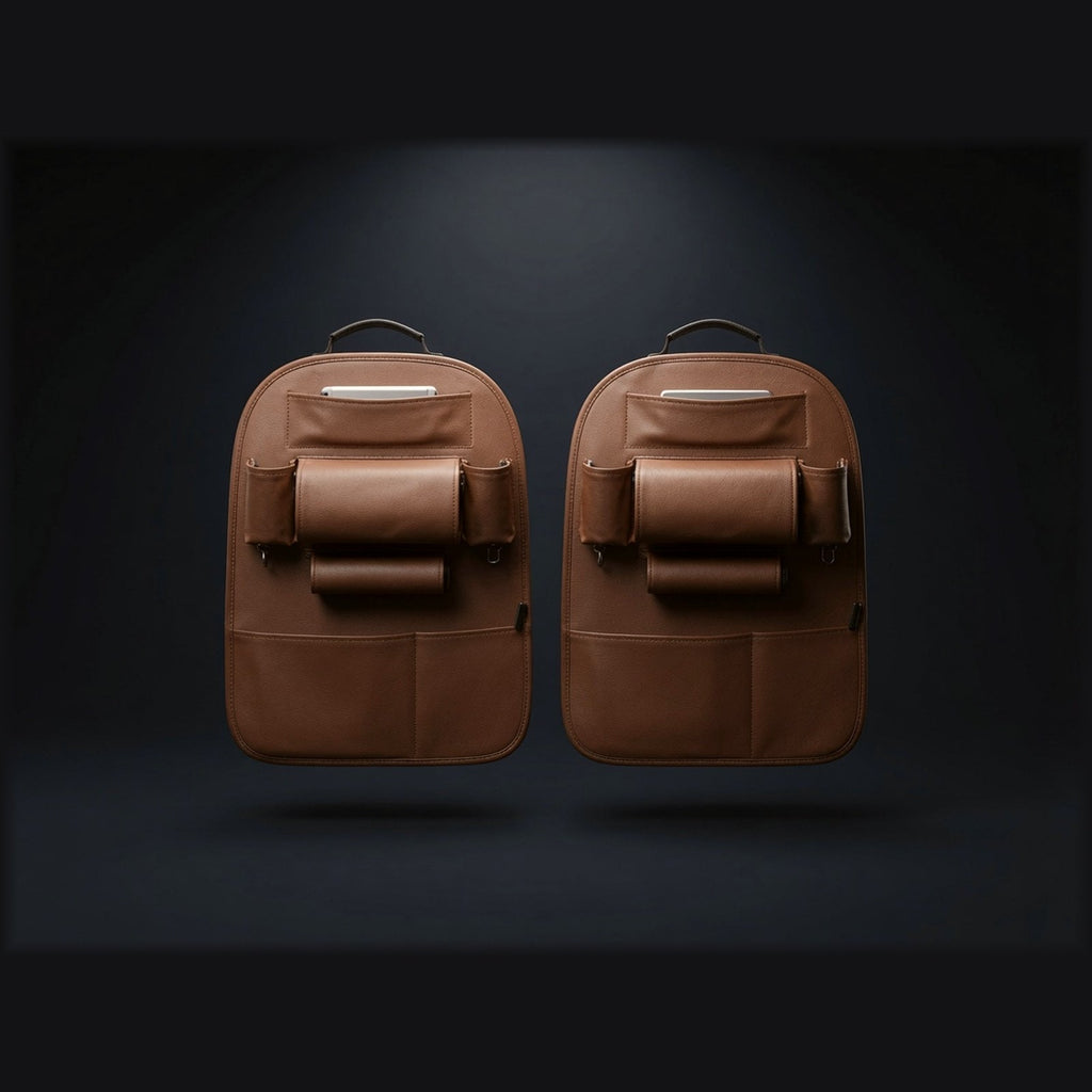 SeatCaddy fold-flat leather seat back organizer, pair in mocha brown