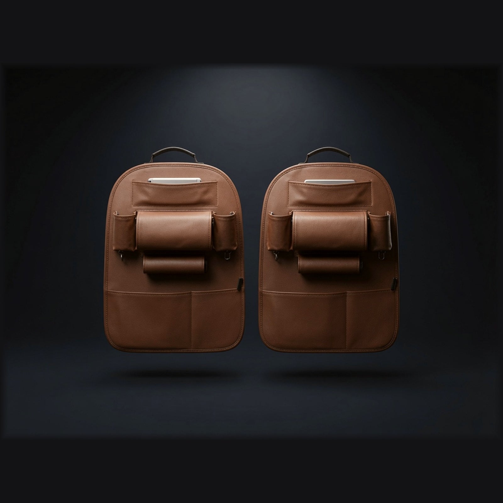SeatCaddy fold-flat leather seat back organizer, pair in mocha brown