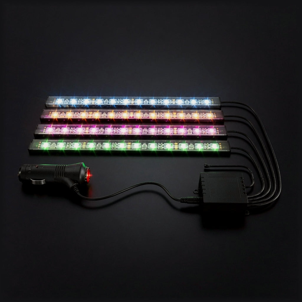 RGB ambient light kit glowing in a car footwell
