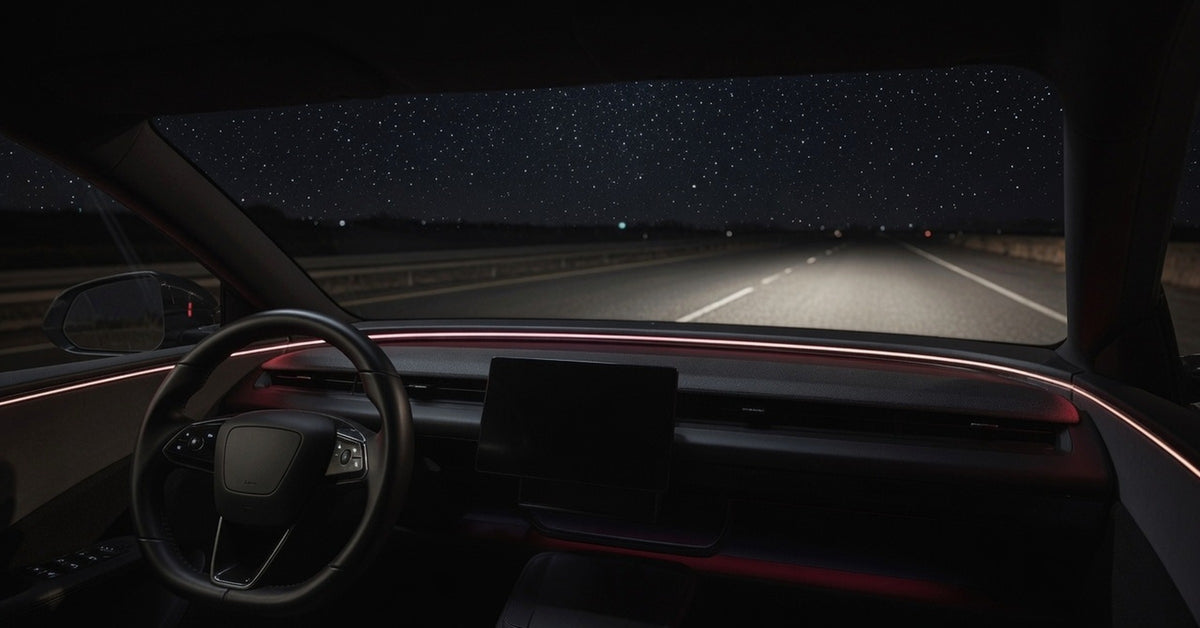 Car dashboard at night with red ambient lighting, empty highway and starry sky ahead