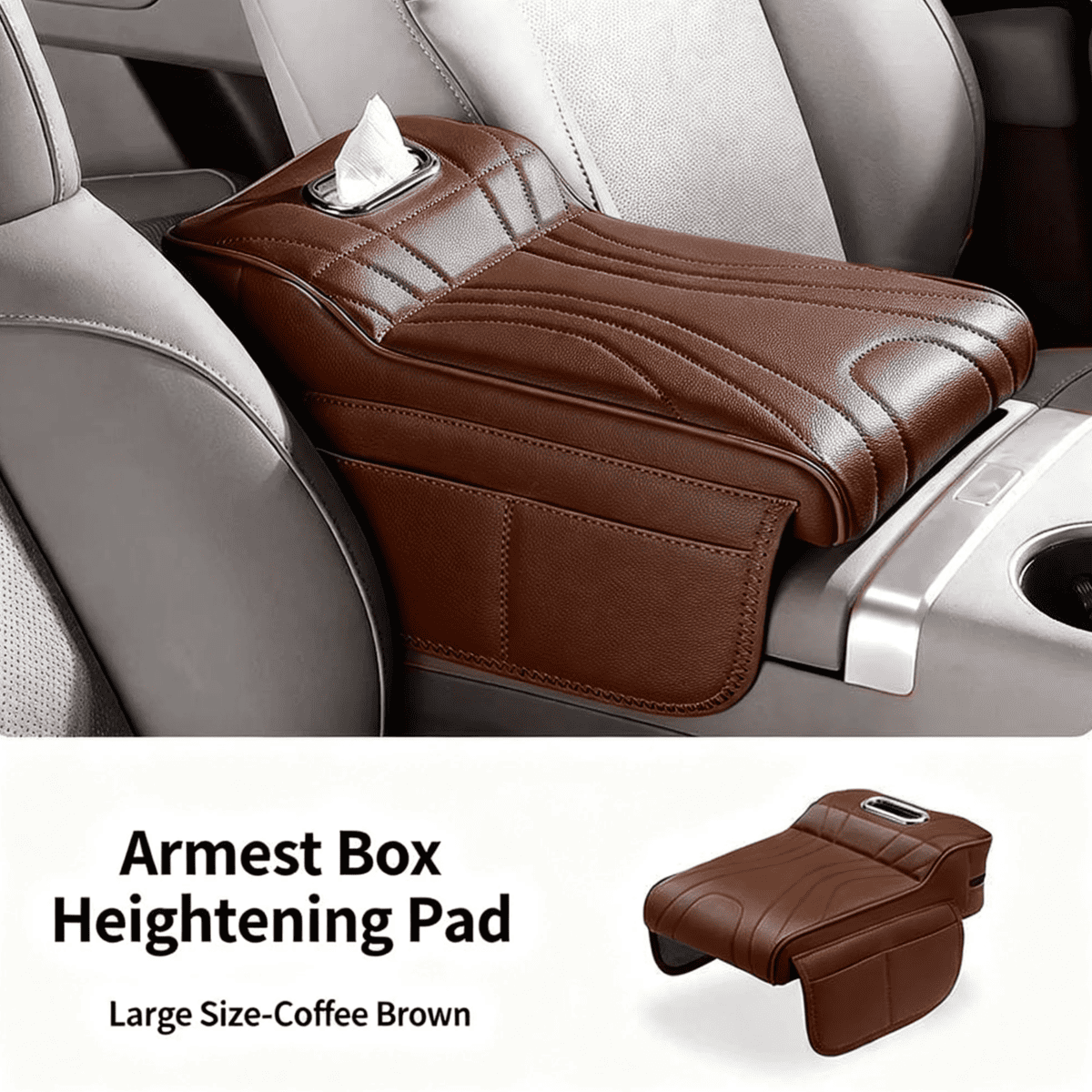 Console armrest cover with tissue box and cup holders in brown