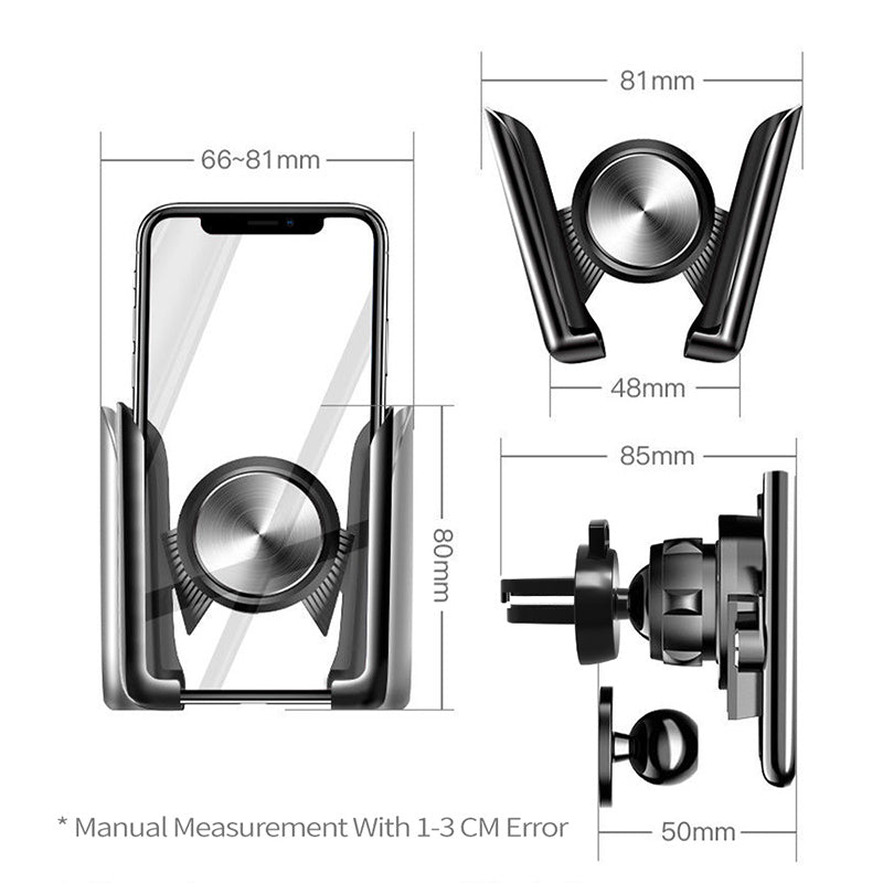 Dimensions of the vent mount, fitting phones 66 to 81 mm wide