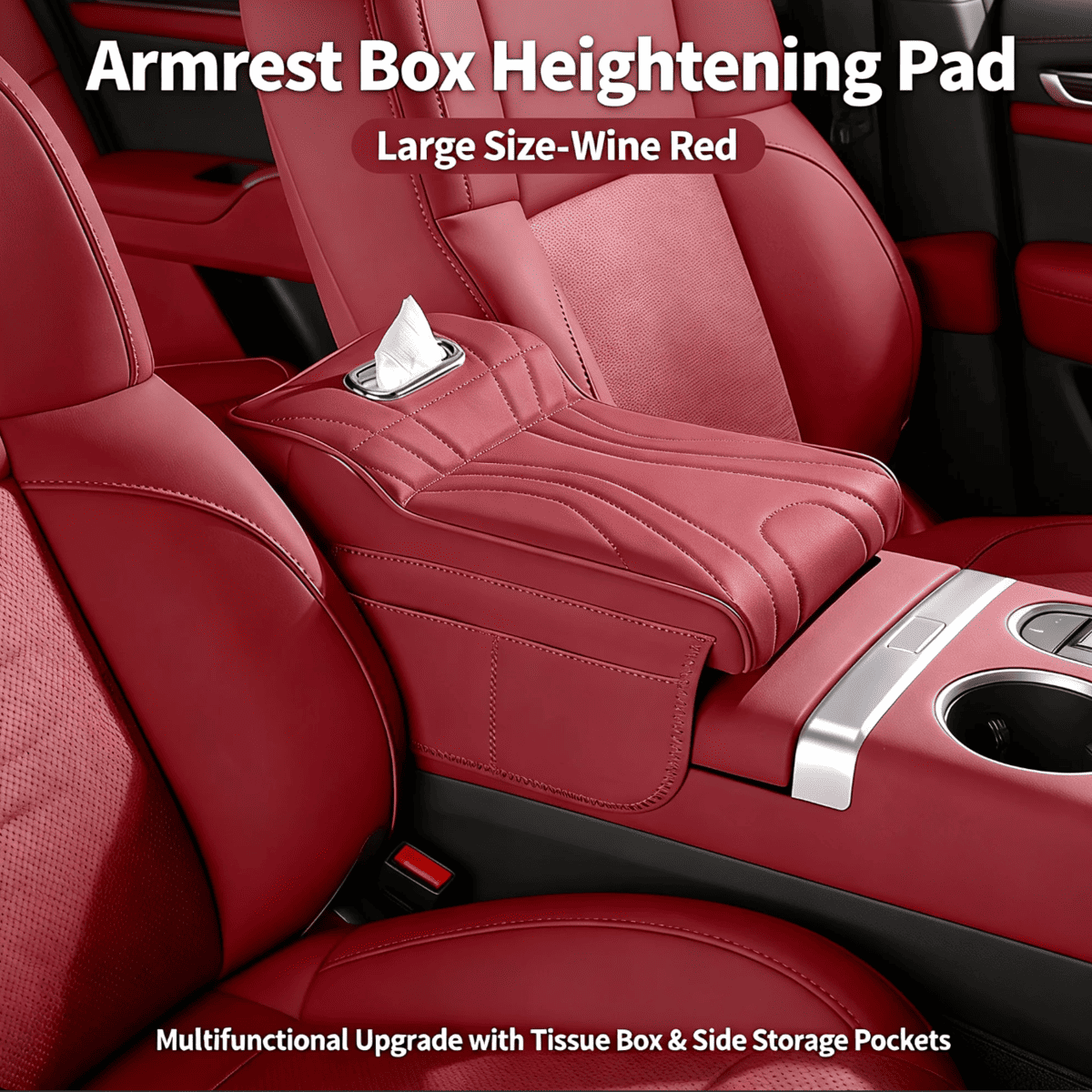 Console armrest cover with tissue box and cup holders in red