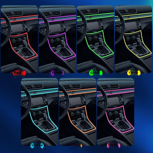 Fibre optic ambient light lit in six different colours across a car interior