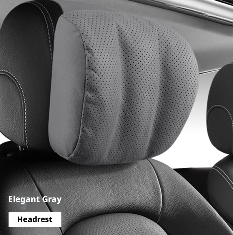 Car headrest cushion in elegant grey fitted to the driver's seat headrest