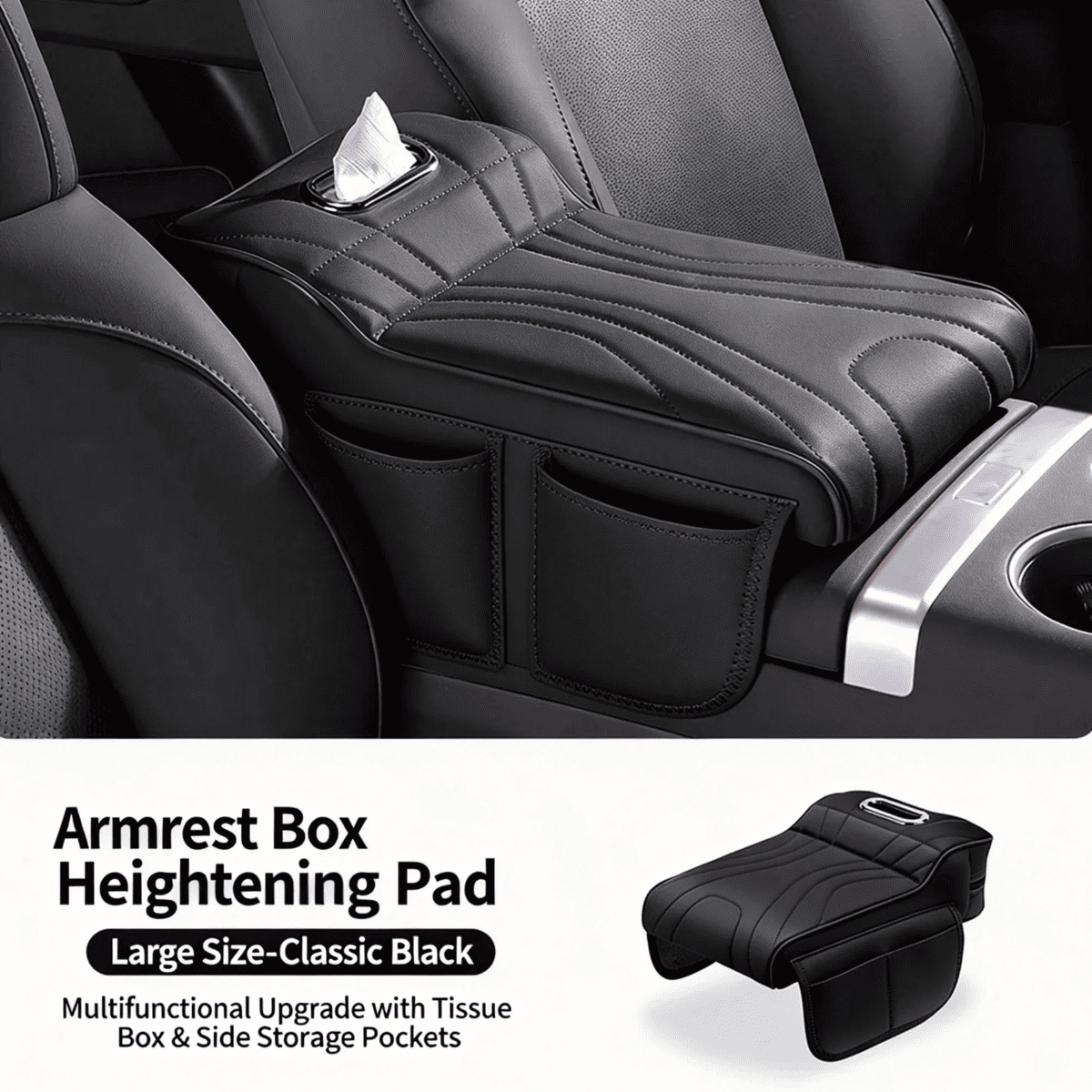 Console armrest cover with tissue box and cup holders in black