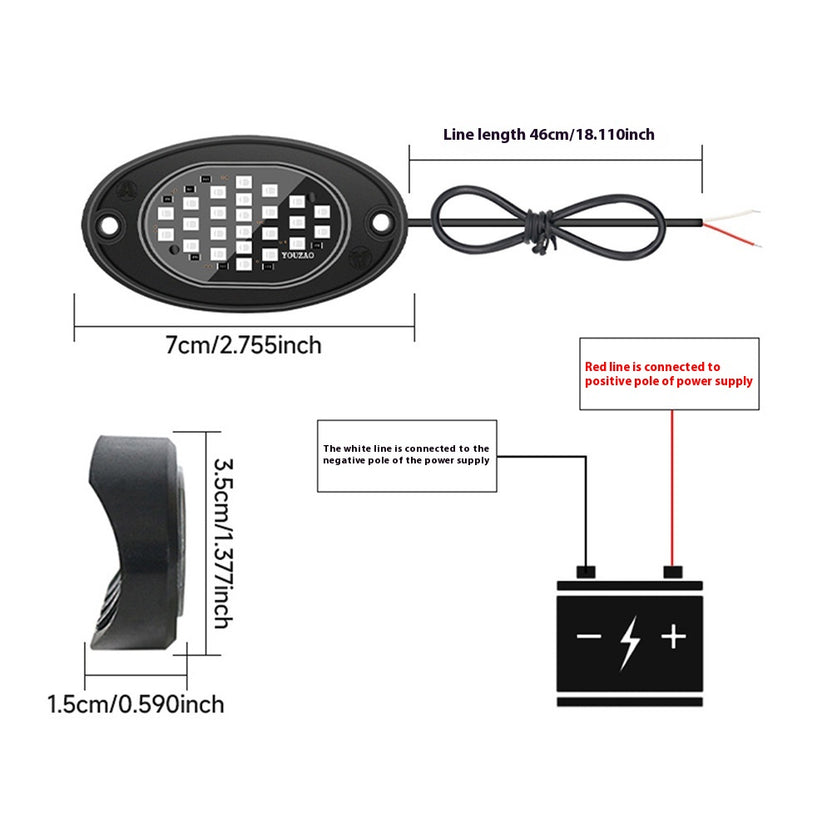 Dimension and wiring diagram of the 12 V underbody LED pod light