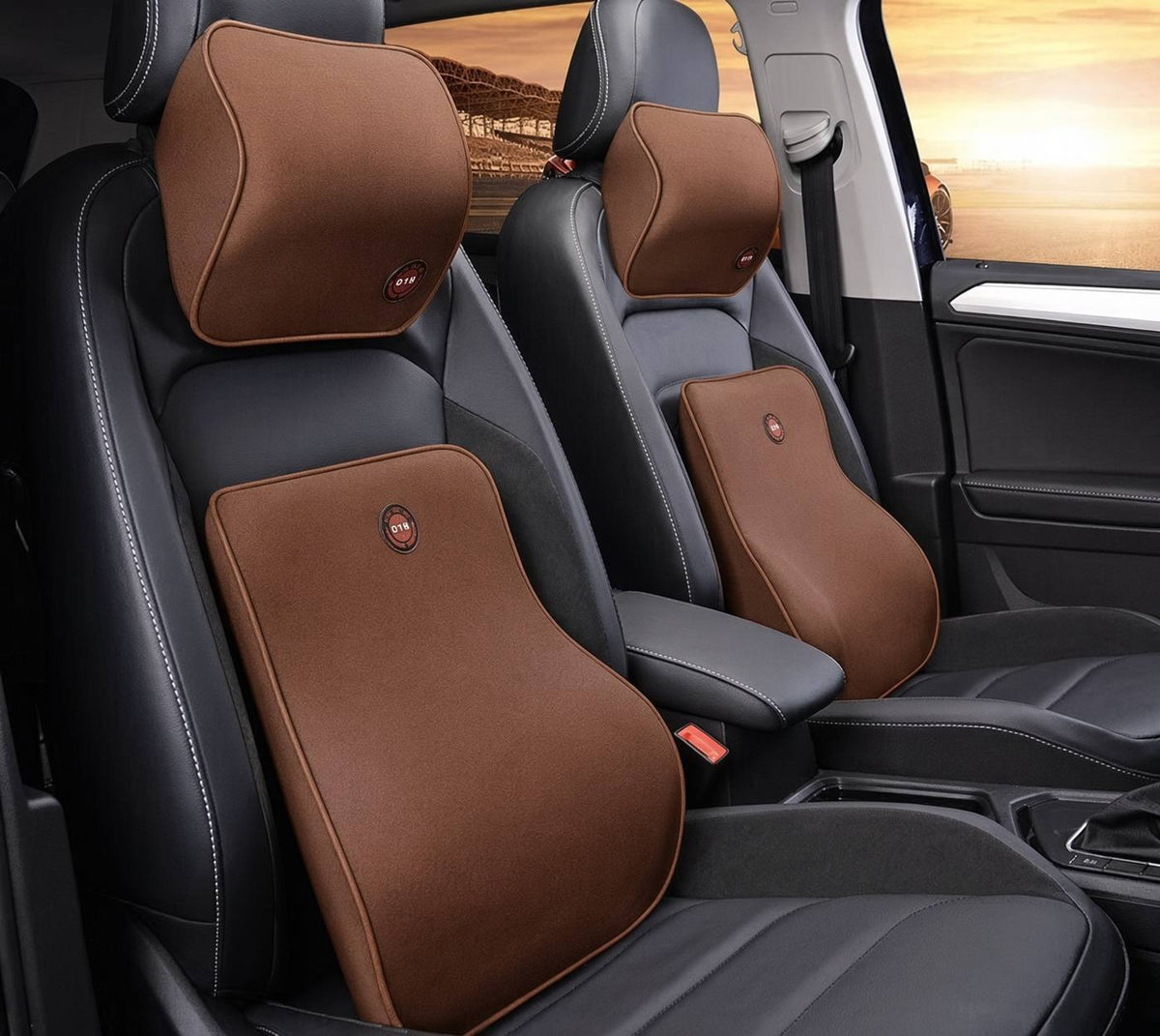 Coffee brown memory foam car headrest and lumbar support pillow set installed in a car