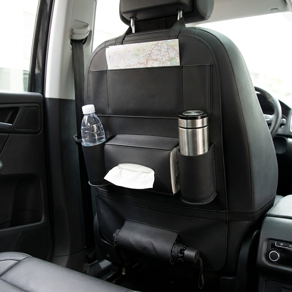 CaddyLux Leather Car Seat Organizer - in use
