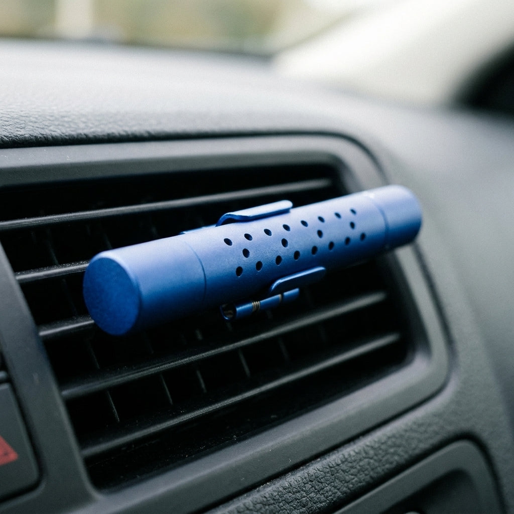 Aluminium car vent clip air freshener fitted to a dashboard air vent