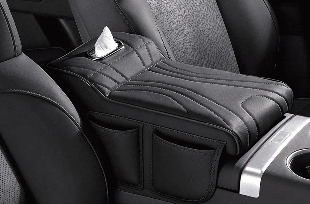 Black — console armrest cover with tissue box and side pockets fitted in a car