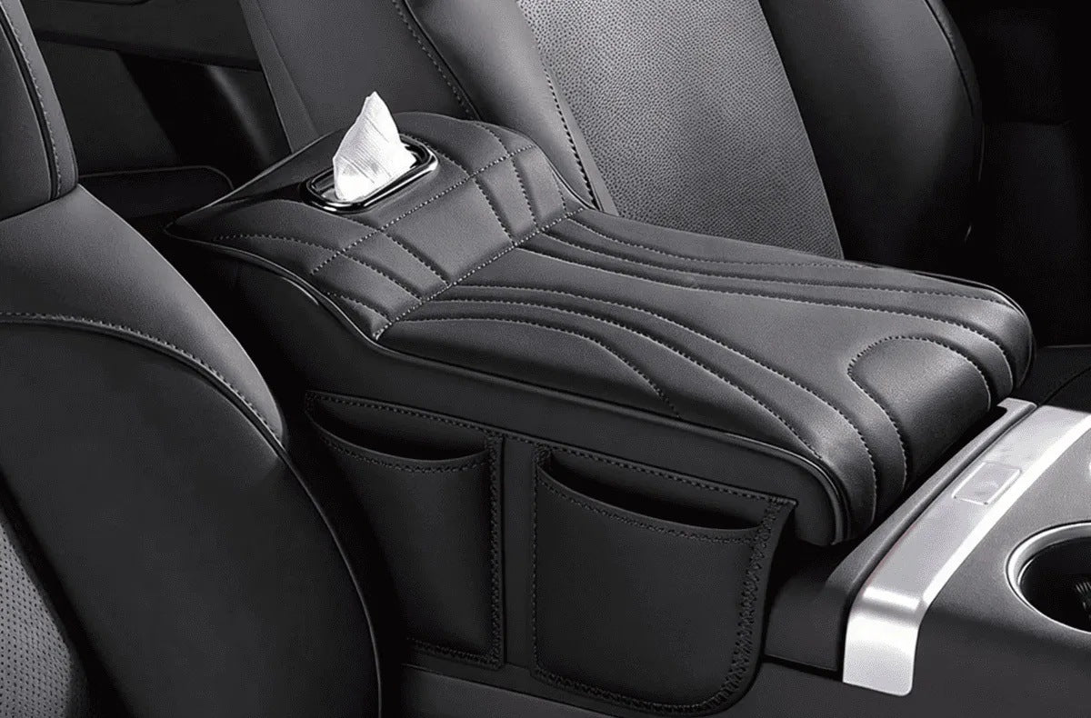 Black — console armrest cover with tissue box and side pockets fitted in a car