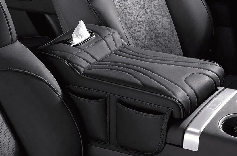 Black — console armrest cover with tissue box and side pockets fitted in a car