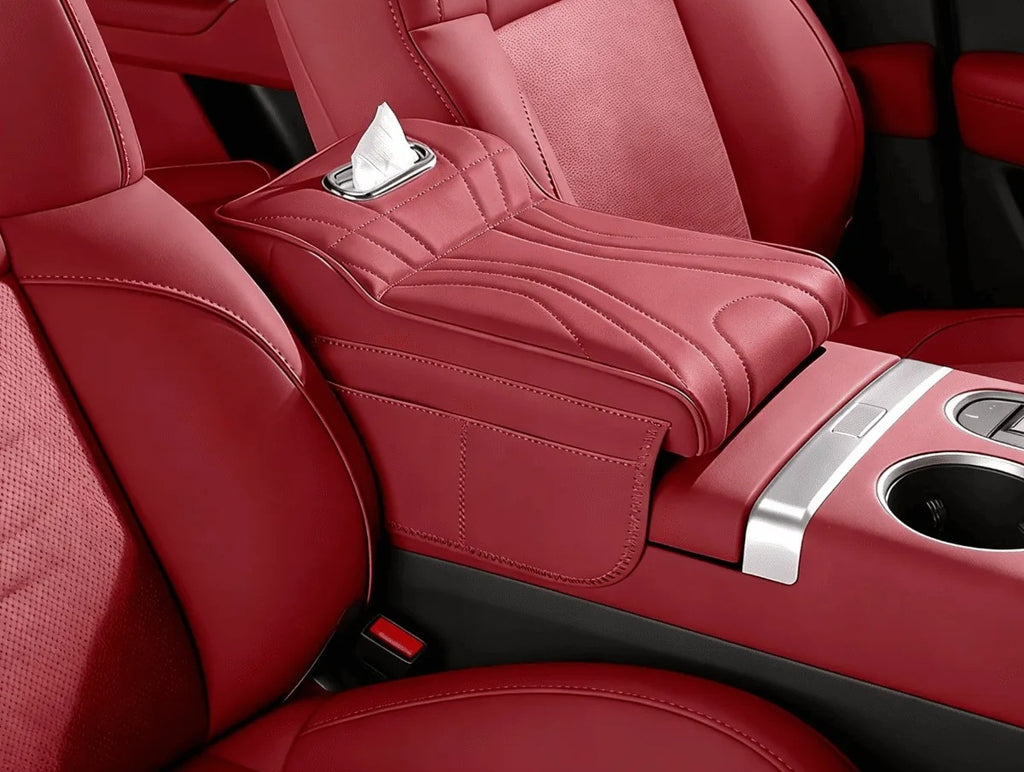 Red — console armrest cover with tissue box fitted between red car seats