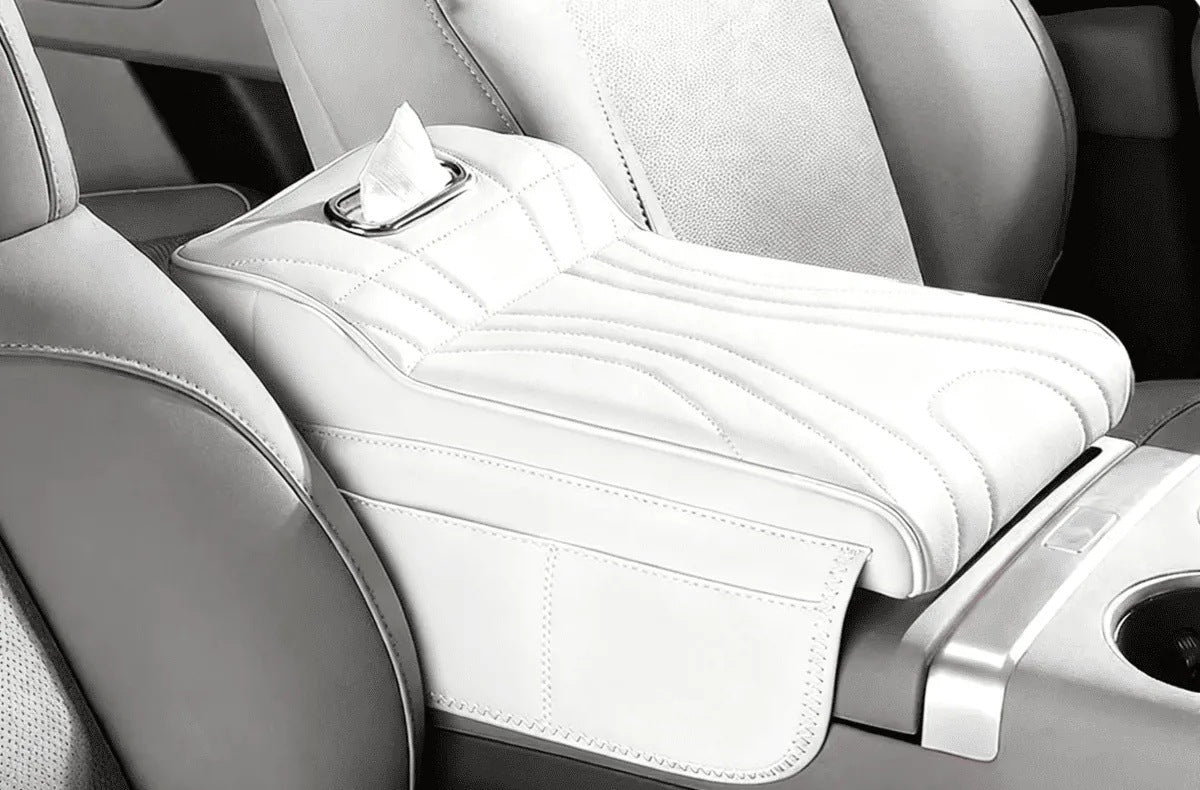 White — console armrest cover with tissue box fitted over a car centre console