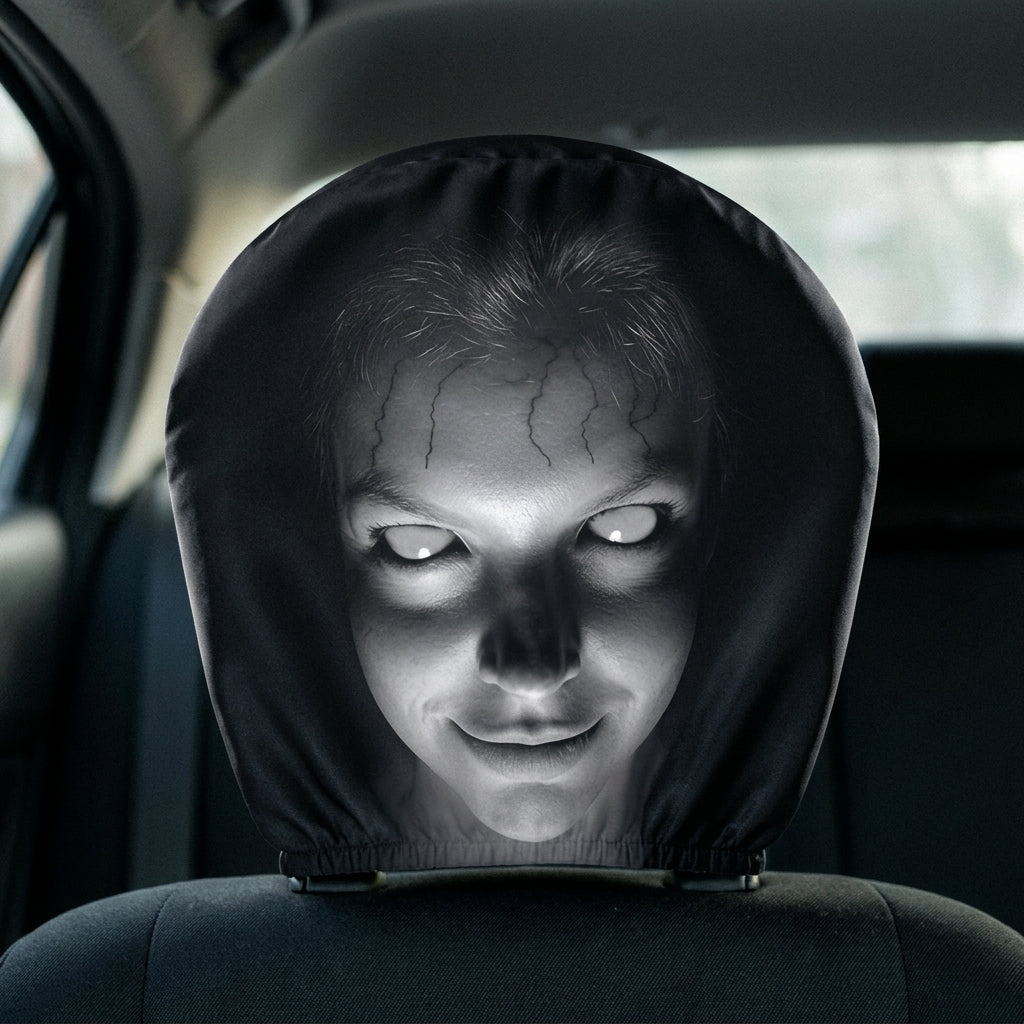 Funny creepy face car headrest cover stretched over a car headrest