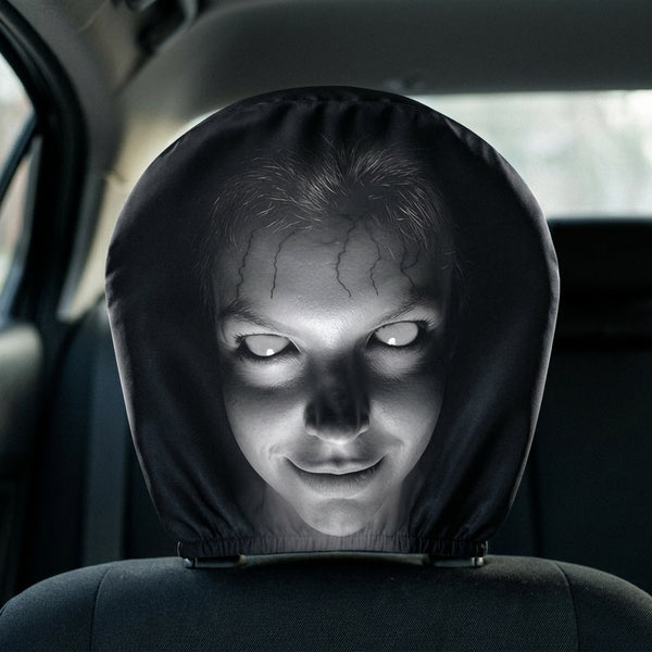 Funny Car Headrest Cover – Creepy Face Prank Design, Universal Fit