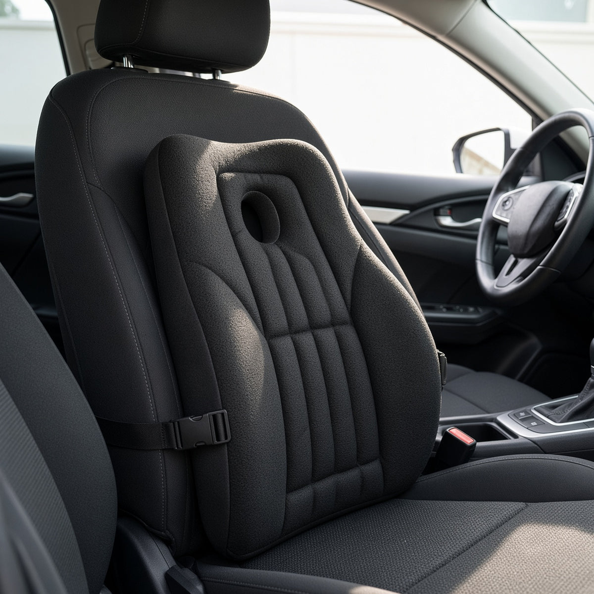 Memory-foam lumbar cushion strapped onto a car seat