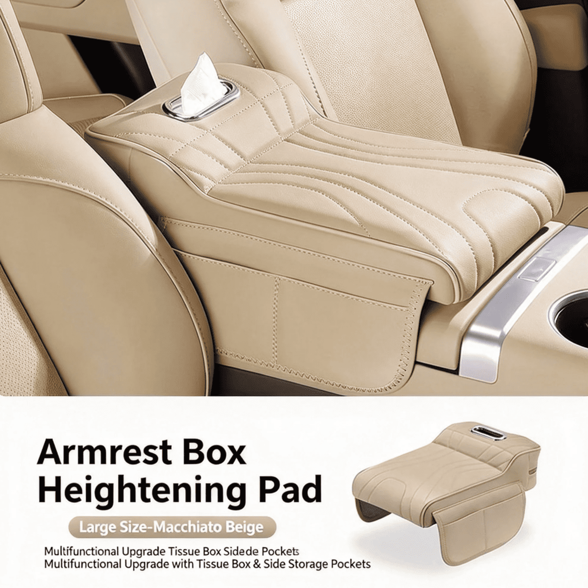 Console armrest cover with tissue box and cup holders in beige