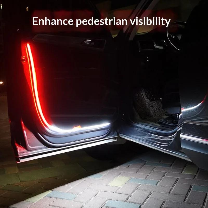 FlowLine ambient strip glowing along a car door sill at night