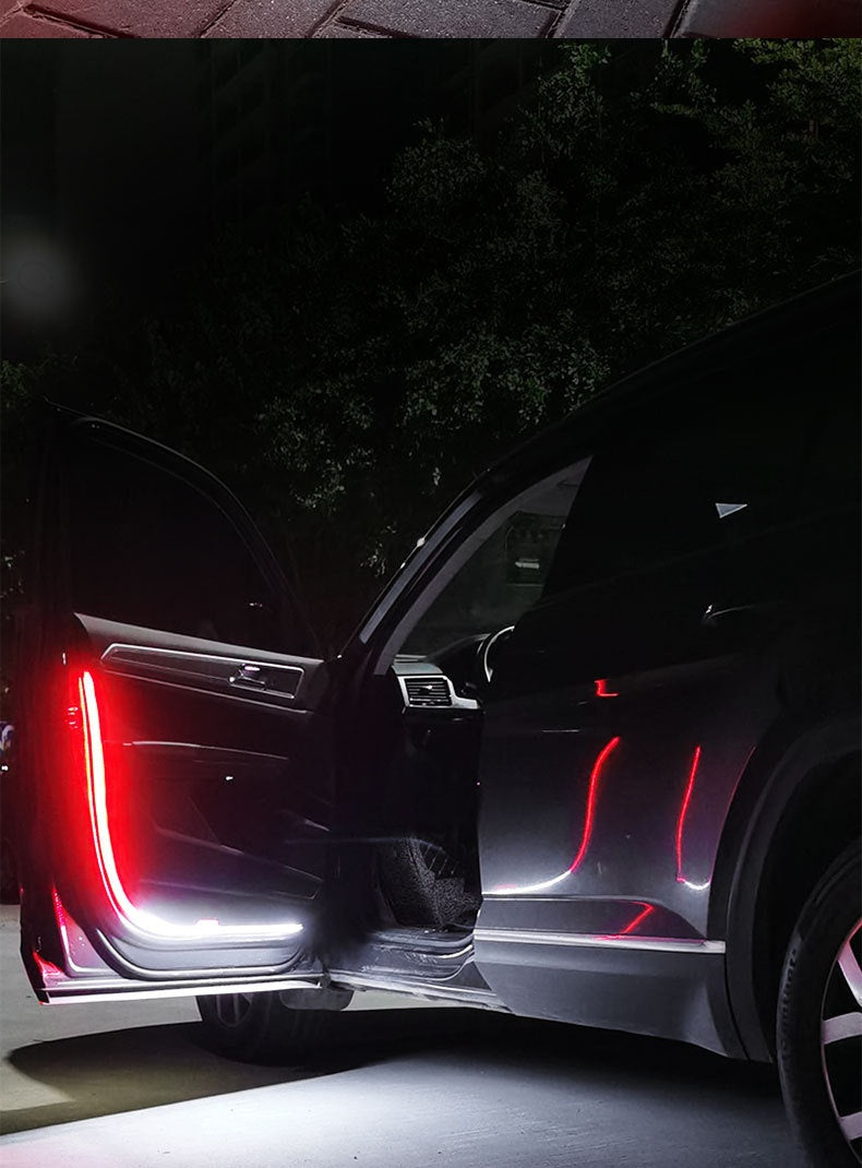 Dual-Color Car Ambient LED Strip in use — red and white strip lit along an open car door at night