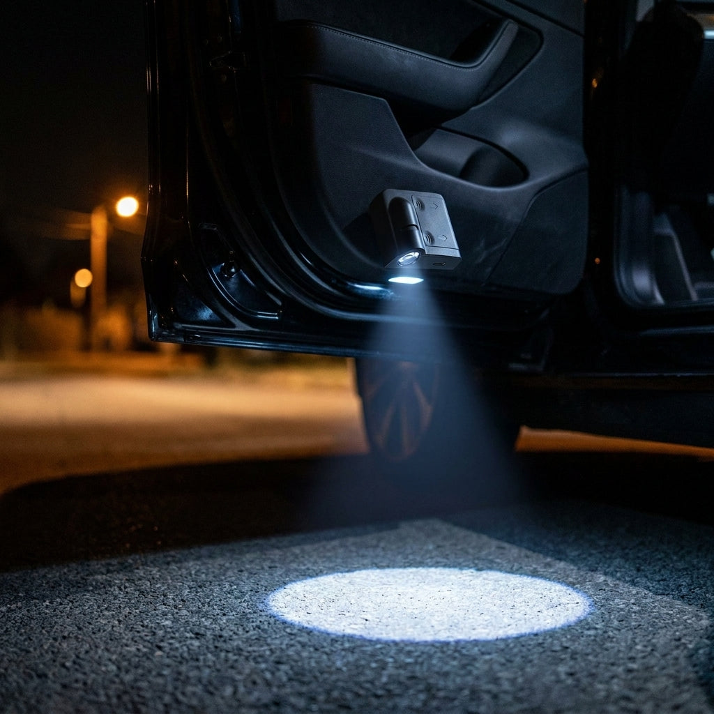 Wireless car door projector lights, 2 pack, projecting onto the ground beside an open car door